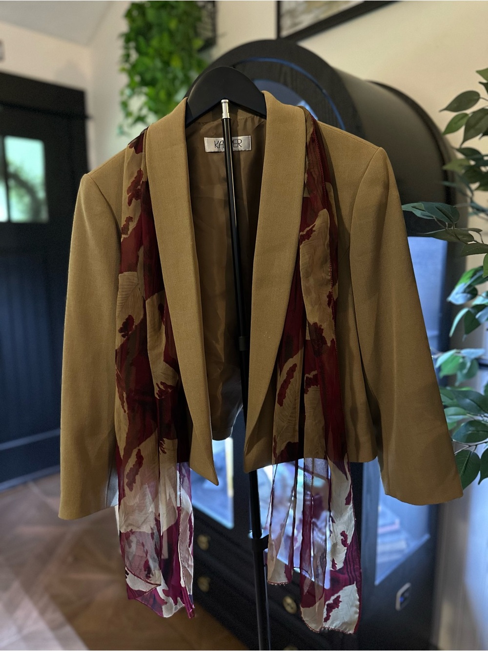 Kasper Camel Cropped Blazer with Burgundy Printed Scarf